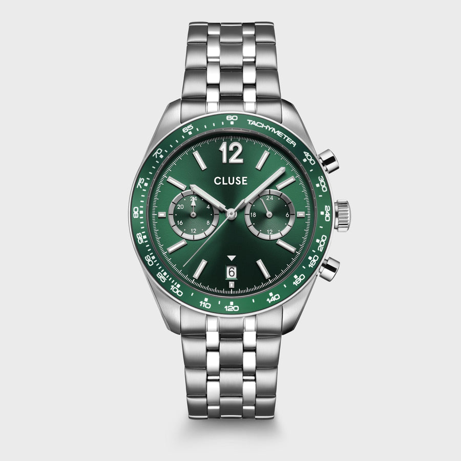 Orologio Uomo Dual Time in Acciaio Argentato con Quadrante Verde e Datario