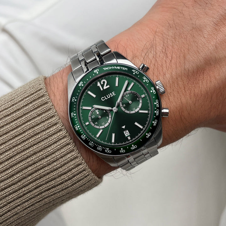 Orologio Uomo Dual Time in Acciaio Argentato con Quadrante Verde e Datario