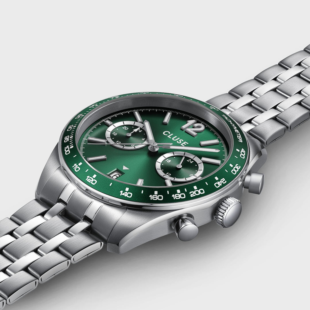 Orologio Uomo Dual Time in Acciaio Argentato con Quadrante Verde e Datario