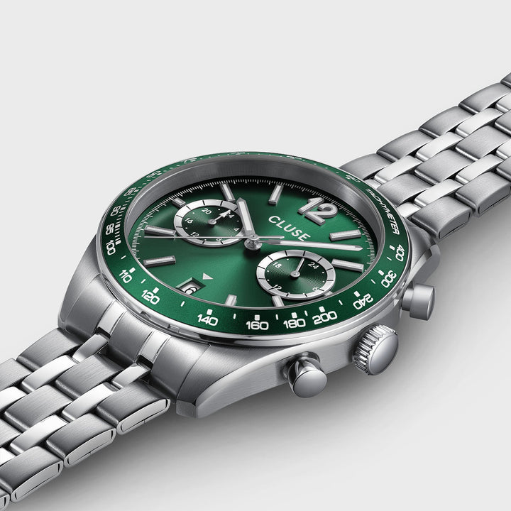 Orologio Uomo Dual Time in Acciaio Argentato con Quadrante Verde e Datario