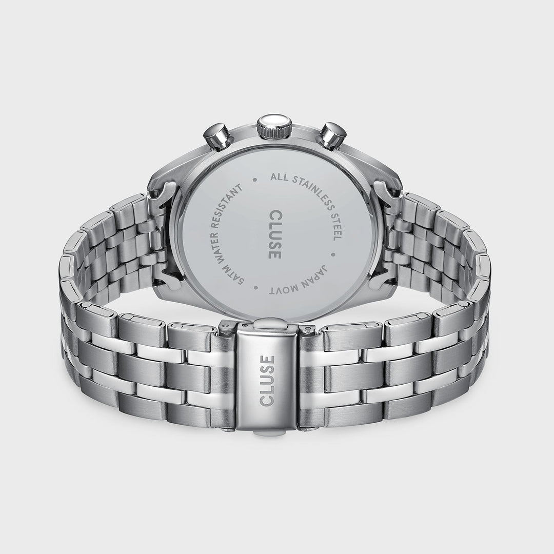Orologio Uomo Dual Time in Acciaio Argentato con Quadrante Verde e Datario