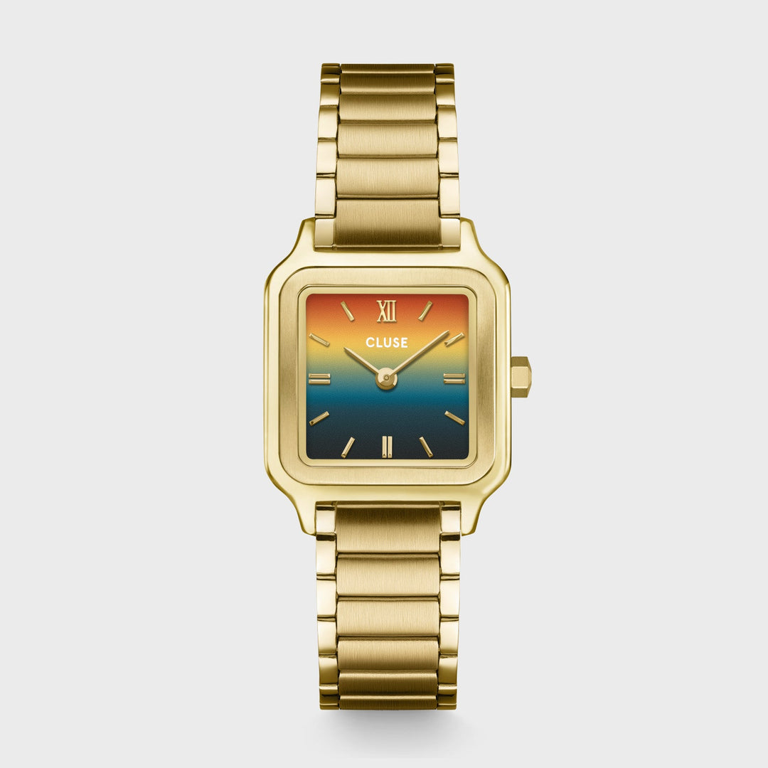Orologio Donna Quadrato Dorato con Quadrante Tramonto Blu e Arancio in Acciaio