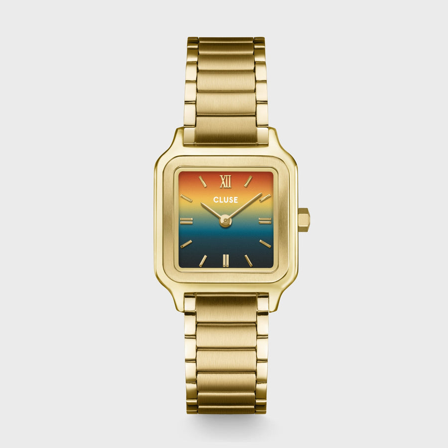 Orologio Donna Quadrato Dorato con Quadrante Tramonto Blu e Arancio in Acciaio