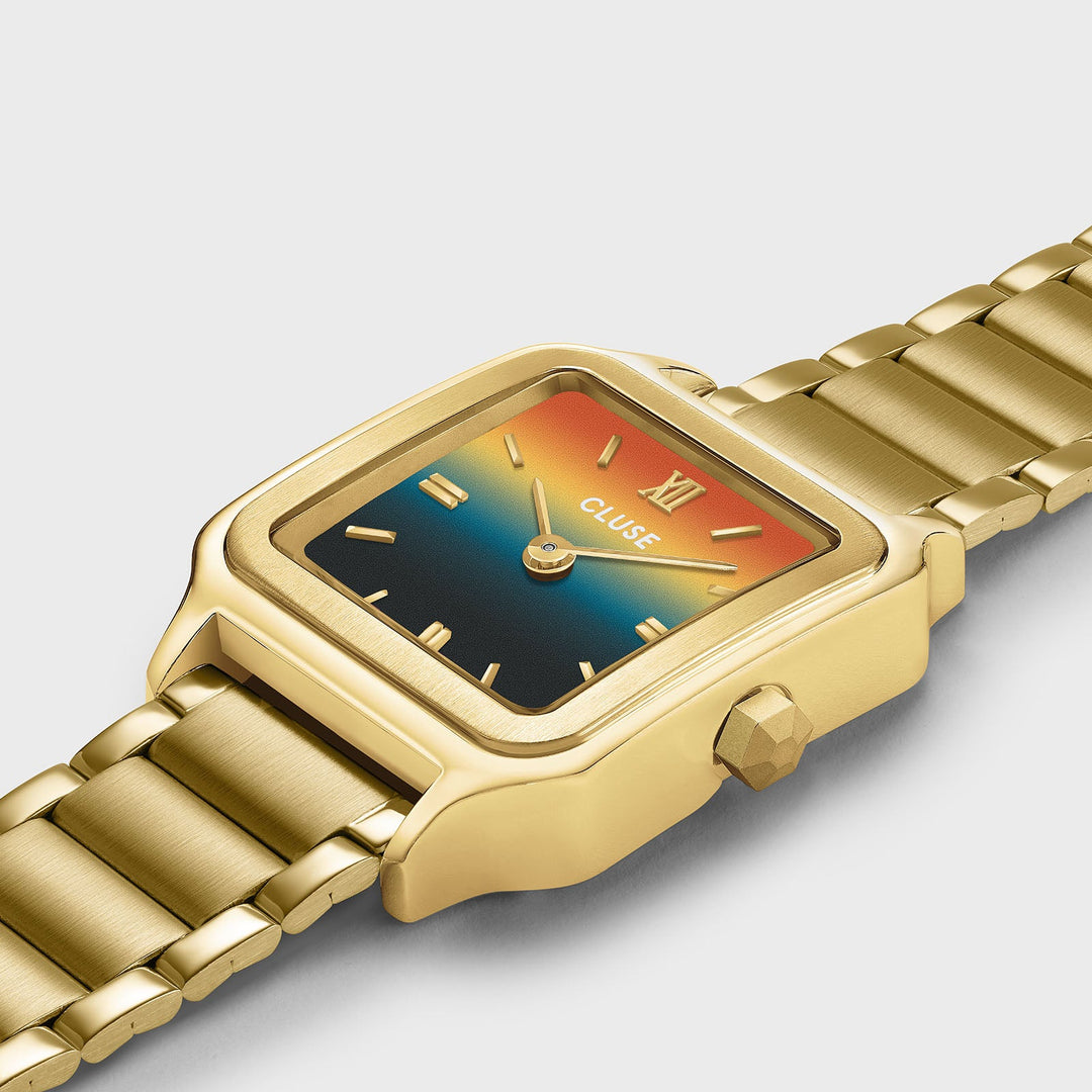 Orologio Donna Quadrato Dorato con Quadrante Tramonto Blu e Arancio in Acciaio