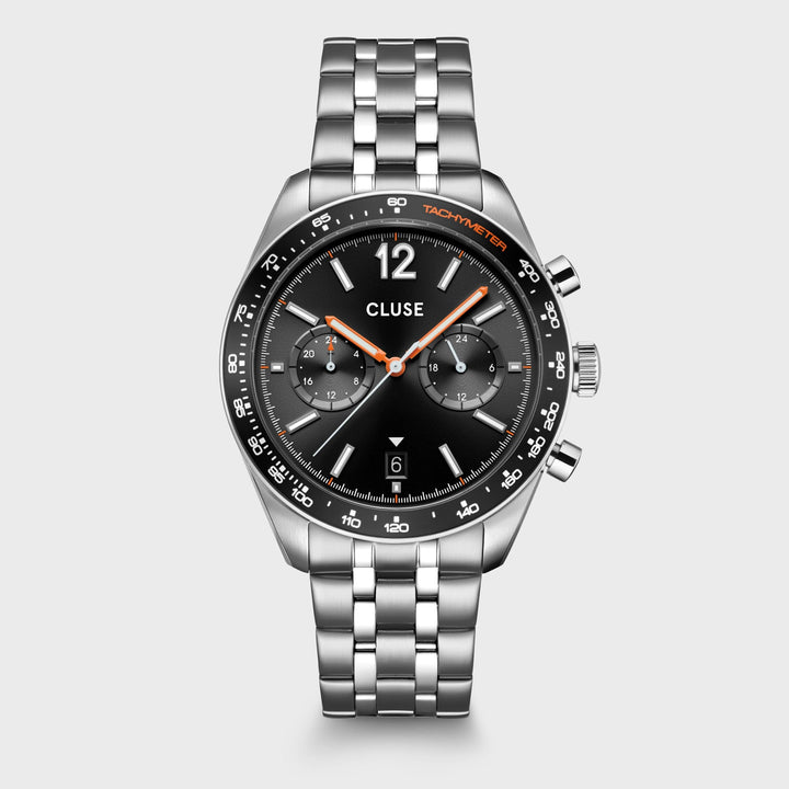 Orologio Uomo Dual Time in Acciaio Argentato con Quadrante Nero e Datario