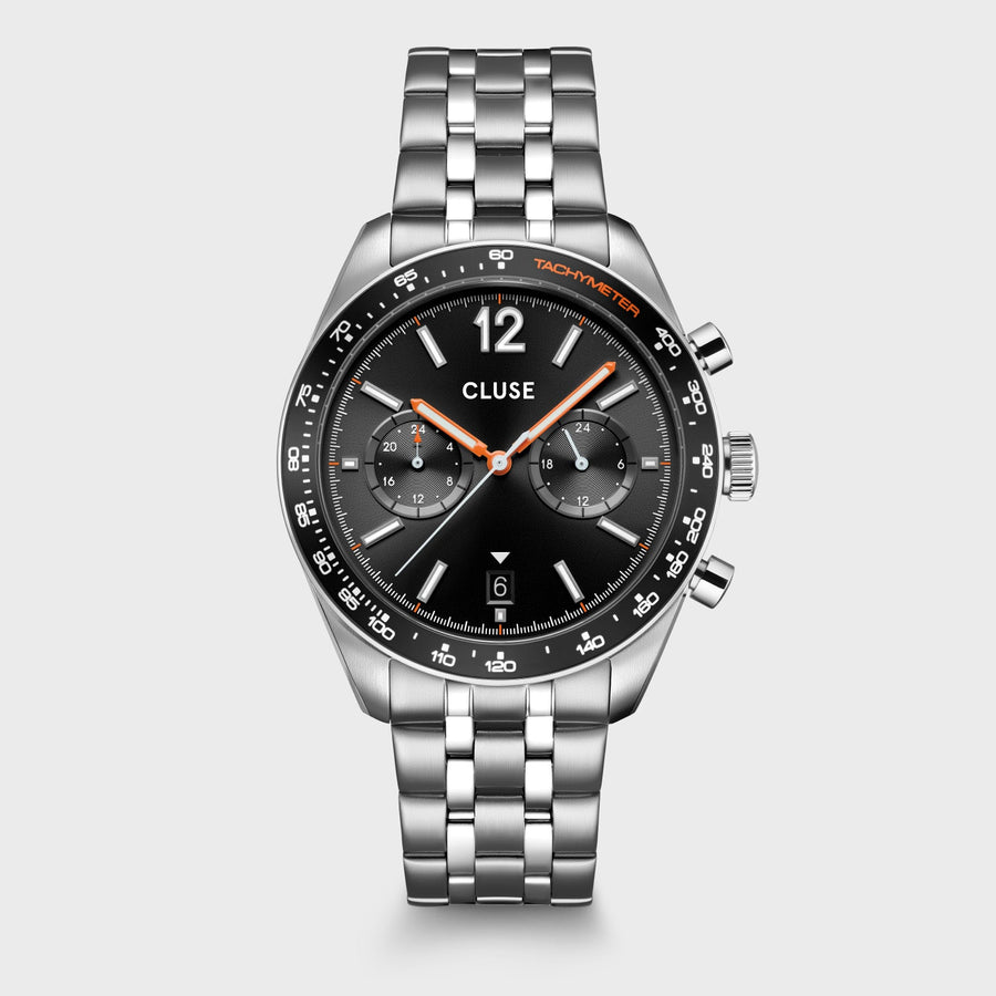Orologio Uomo Dual Time in Acciaio Argentato con Quadrante Nero e Datario