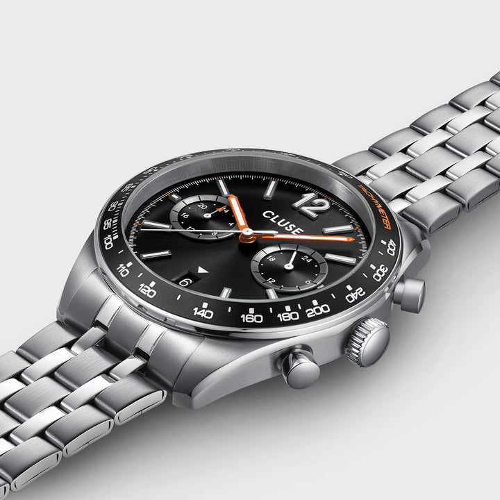 Orologio Uomo Dual Time in Acciaio Argentato con Quadrante Nero e Datario