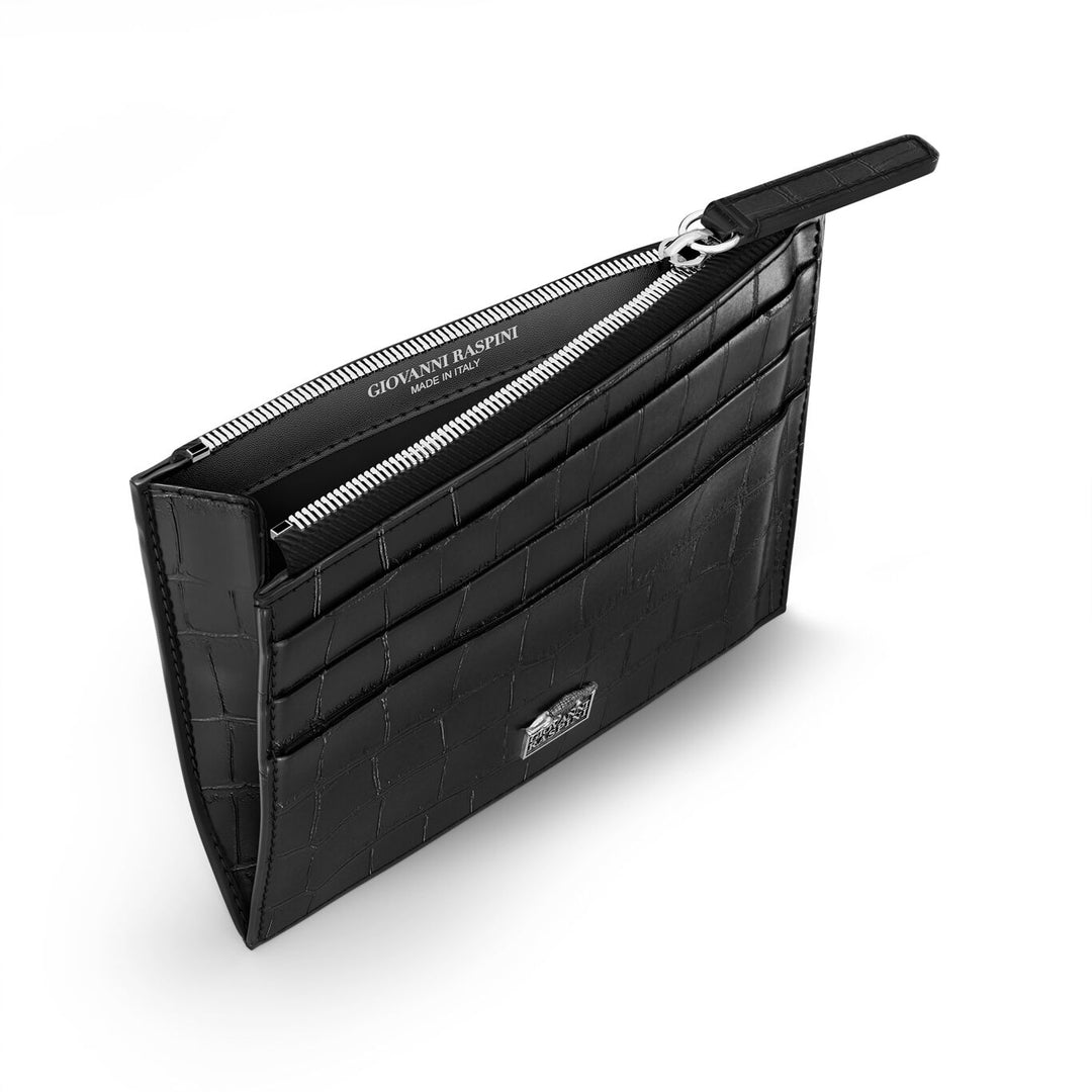 Portacarte con zip Pelle Croco Nera