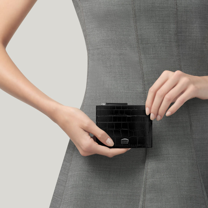 Portacarte con zip Pelle Croco Nera