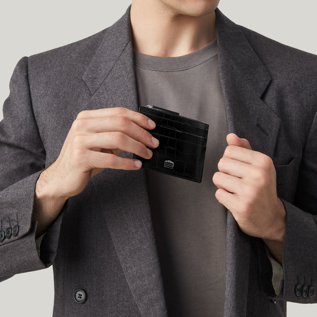 Portacarte con zip Pelle Croco Nera