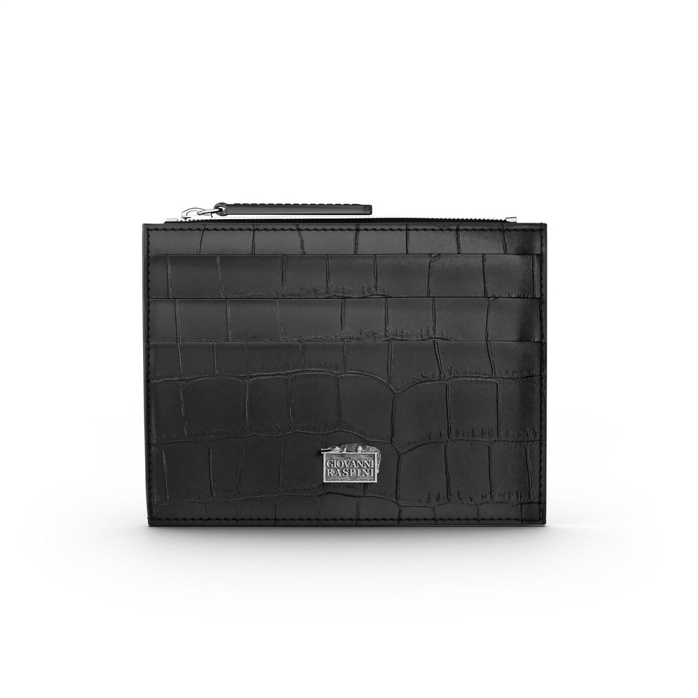 Portacarte con zip Pelle Croco Nera