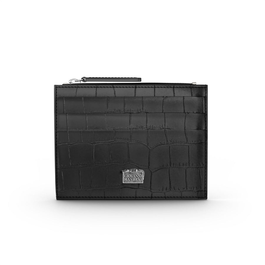 Portacarte con zip Pelle Croco Nera