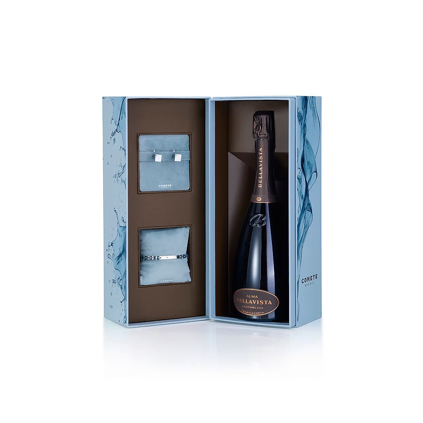 Box Regalo Divino Zaffiri Blu con Bracciale, Gemelli e Franciacorta Bellavista