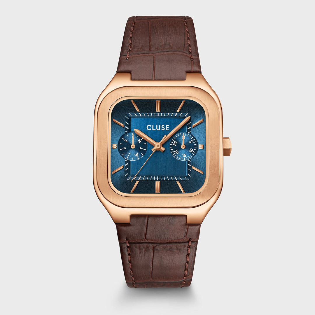 Orologio Uomo Multifunzione Oro Rosa con Quadrante Blu e Cinturino Pelle