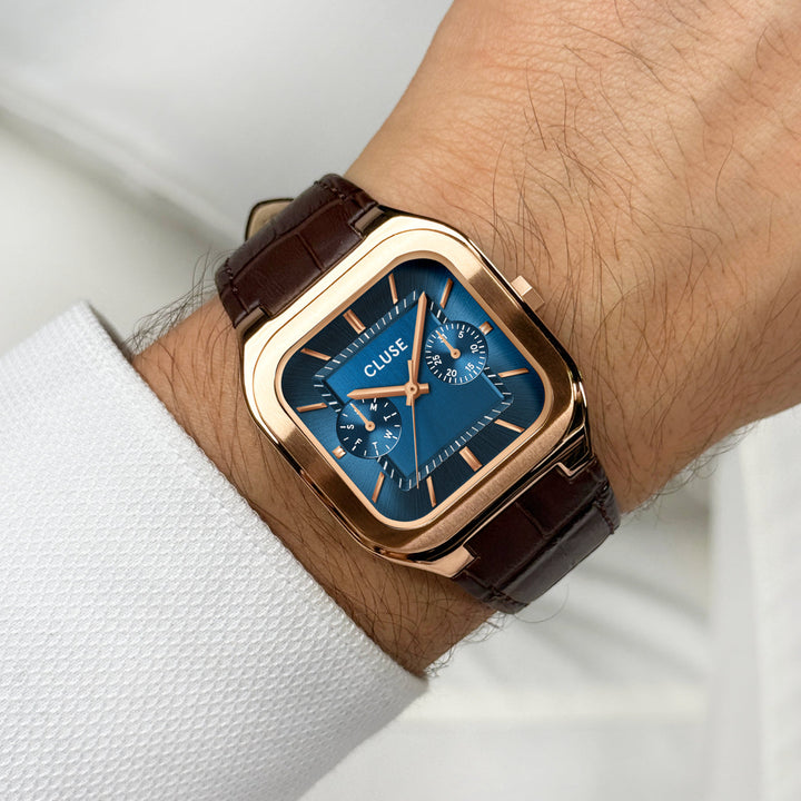 Orologio Uomo Multifunzione Oro Rosa con Quadrante Blu e Cinturino Pelle