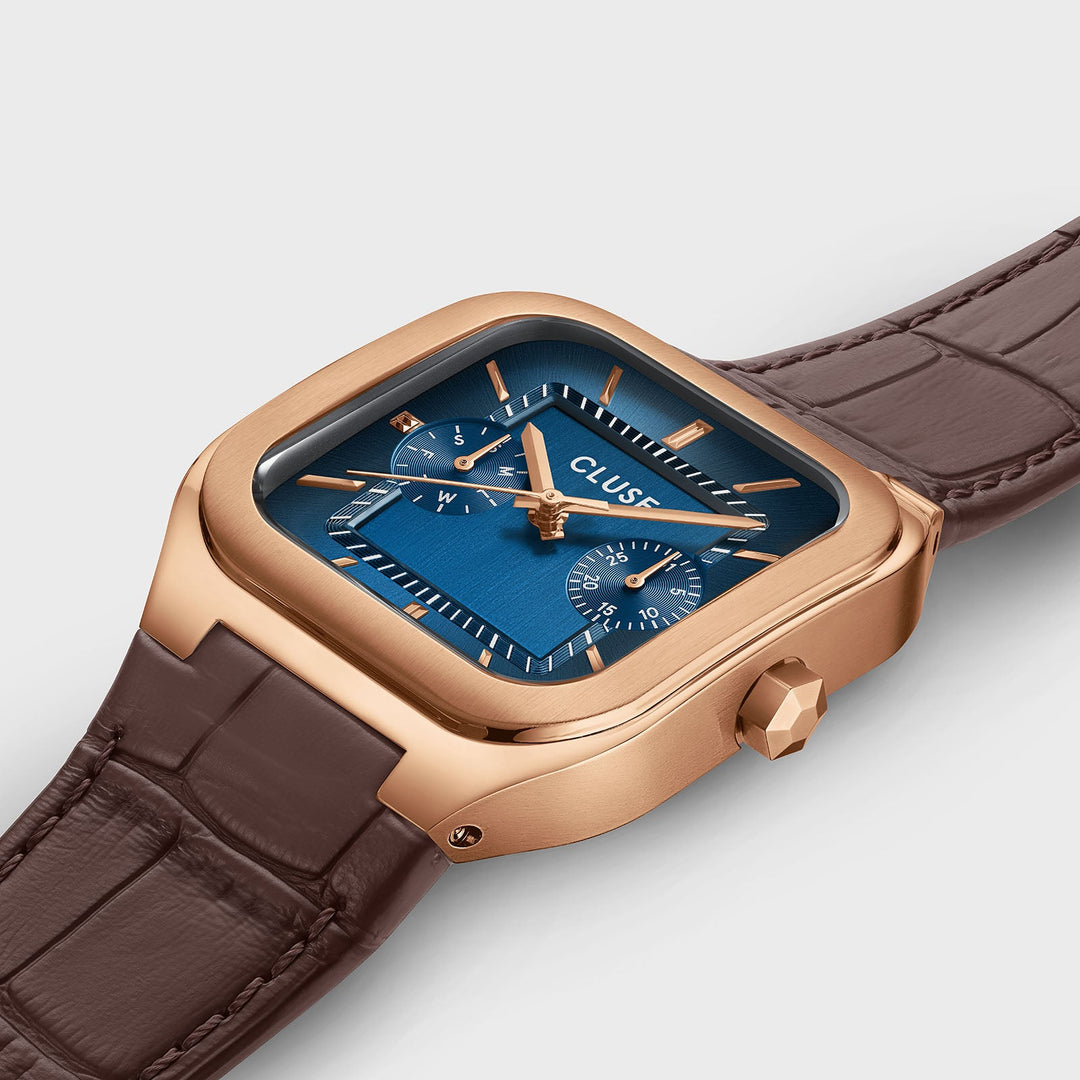 Orologio Uomo Multifunzione Oro Rosa con Quadrante Blu e Cinturino Pelle