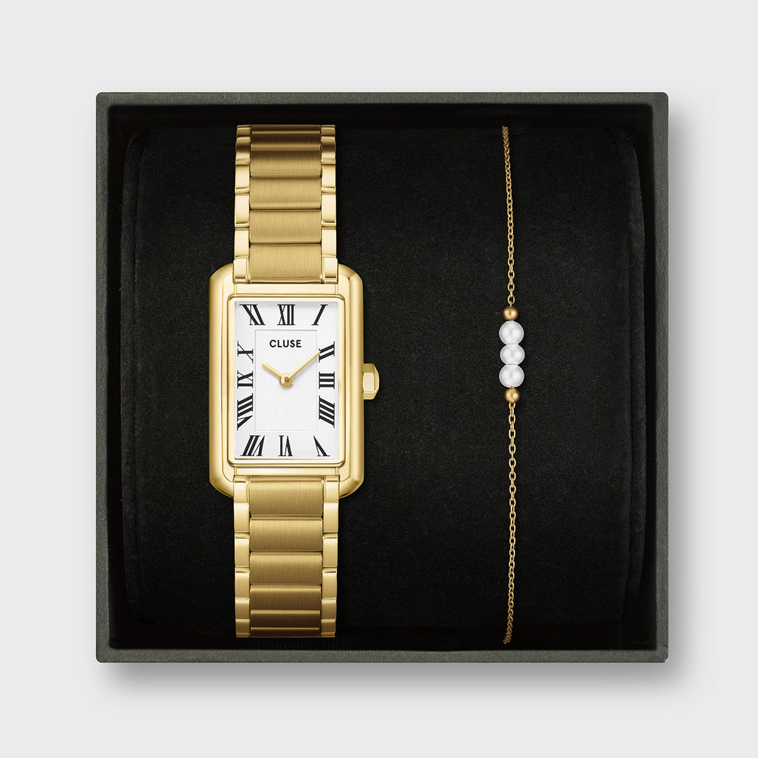 Set Orologio Donna Rettangolare Dorato con Bracciale Perle in Acciaio