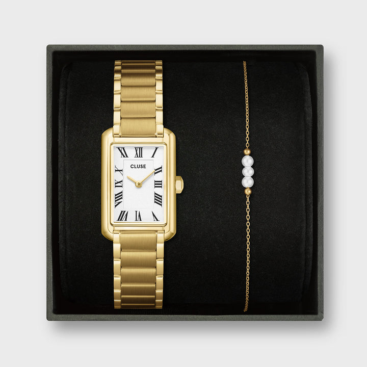 Set Orologio Donna Rettangolare Dorato con Bracciale Perle in Acciaio