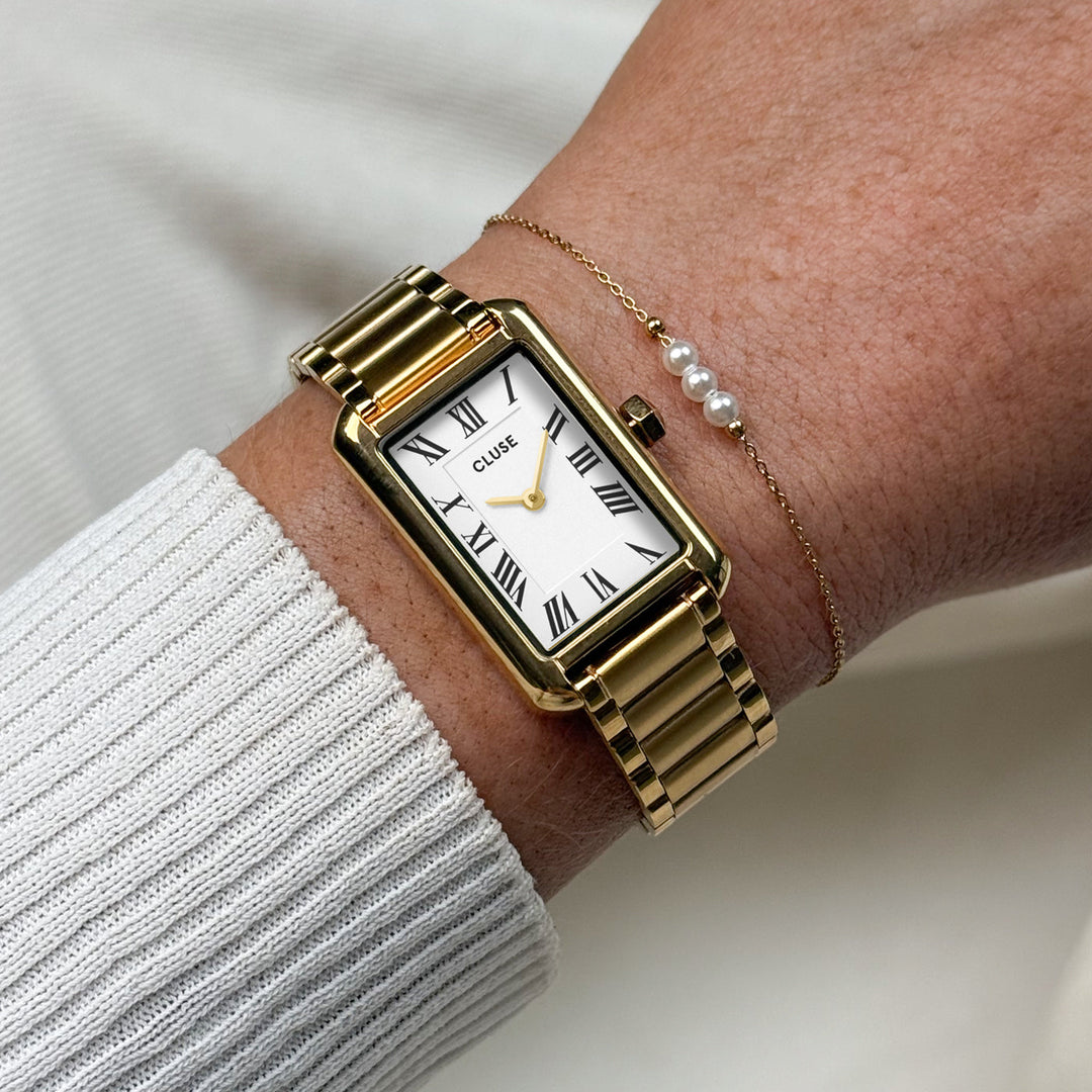 Set Orologio Donna Rettangolare Dorato con Bracciale Perle in Acciaio