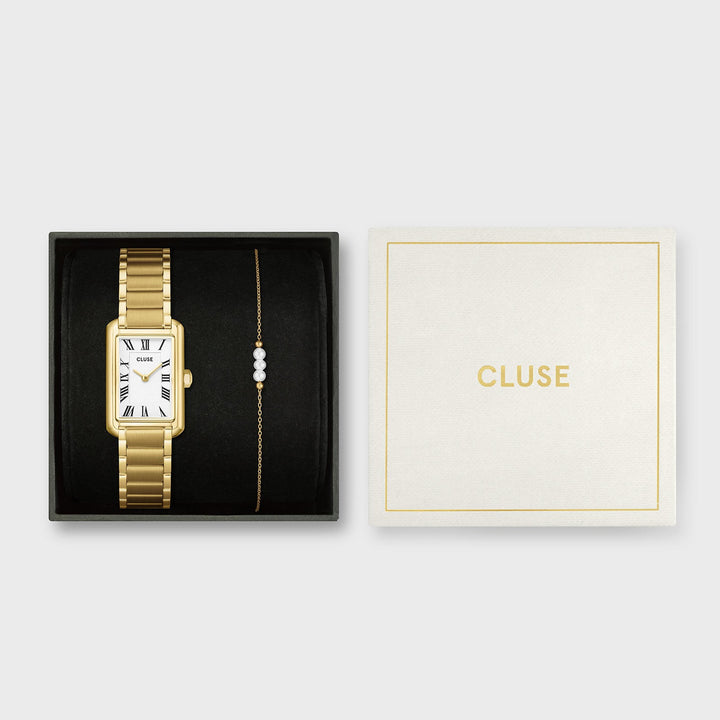 Set Orologio Donna Rettangolare Dorato con Bracciale Perle in Acciaio