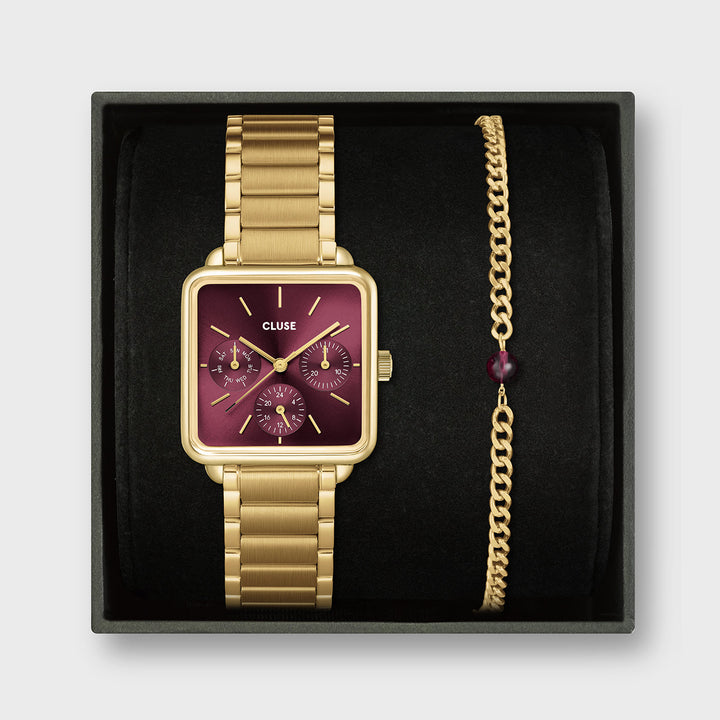 Set Regalo Donna con Orologio Quadrato Dorato e Bracciale Coordinato Rosso