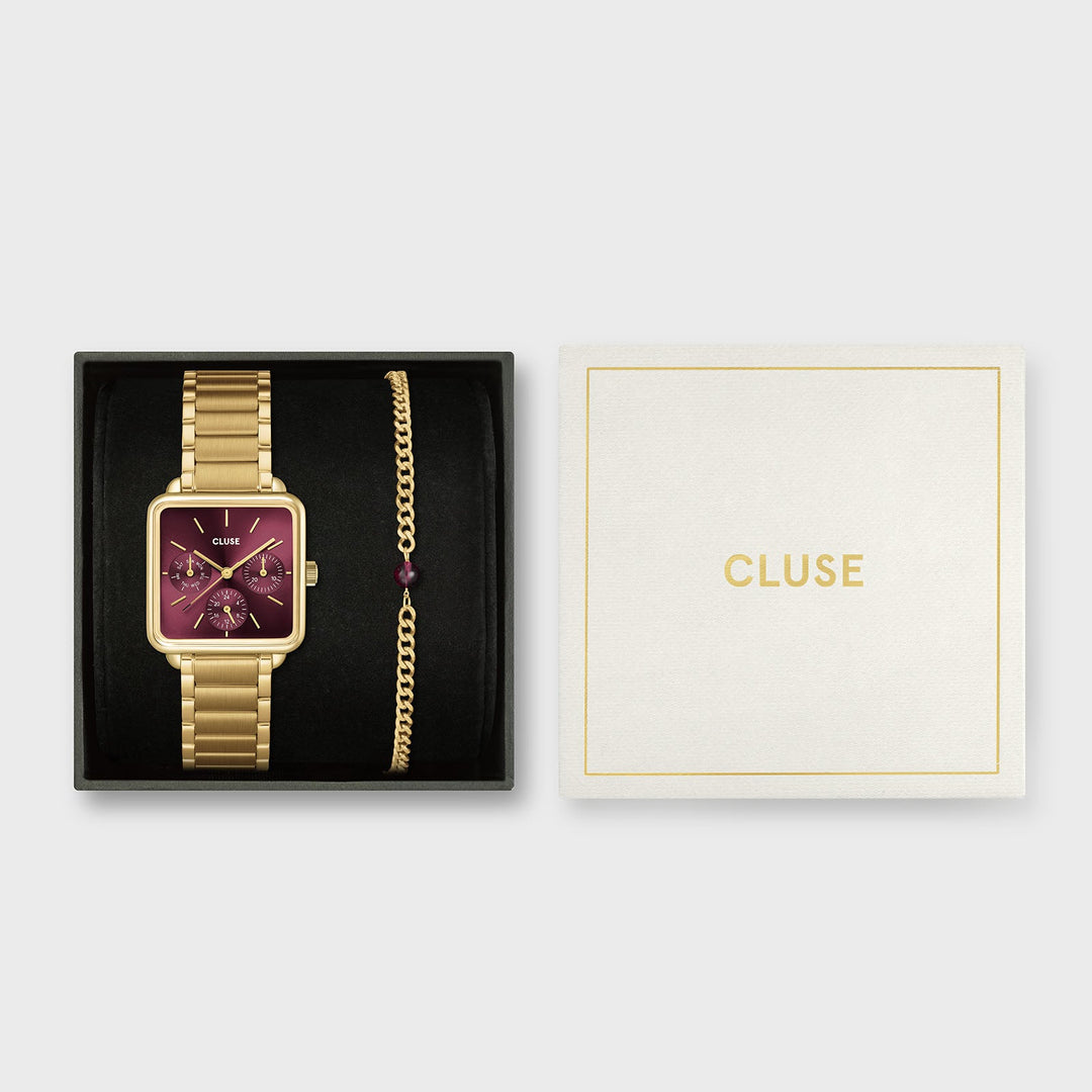 Set Regalo Donna con Orologio Quadrato Dorato e Bracciale Coordinato Rosso