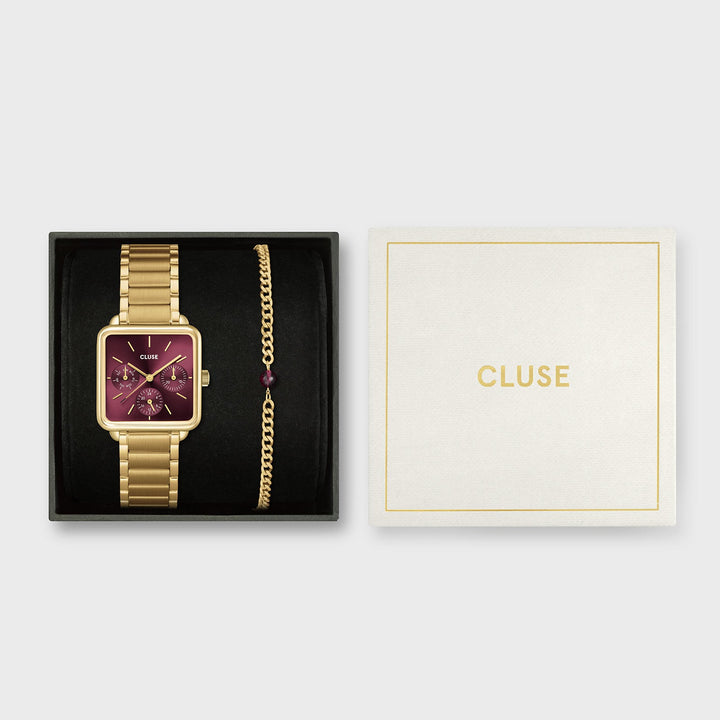 Set Regalo Donna con Orologio Quadrato Dorato e Bracciale Coordinato Rosso