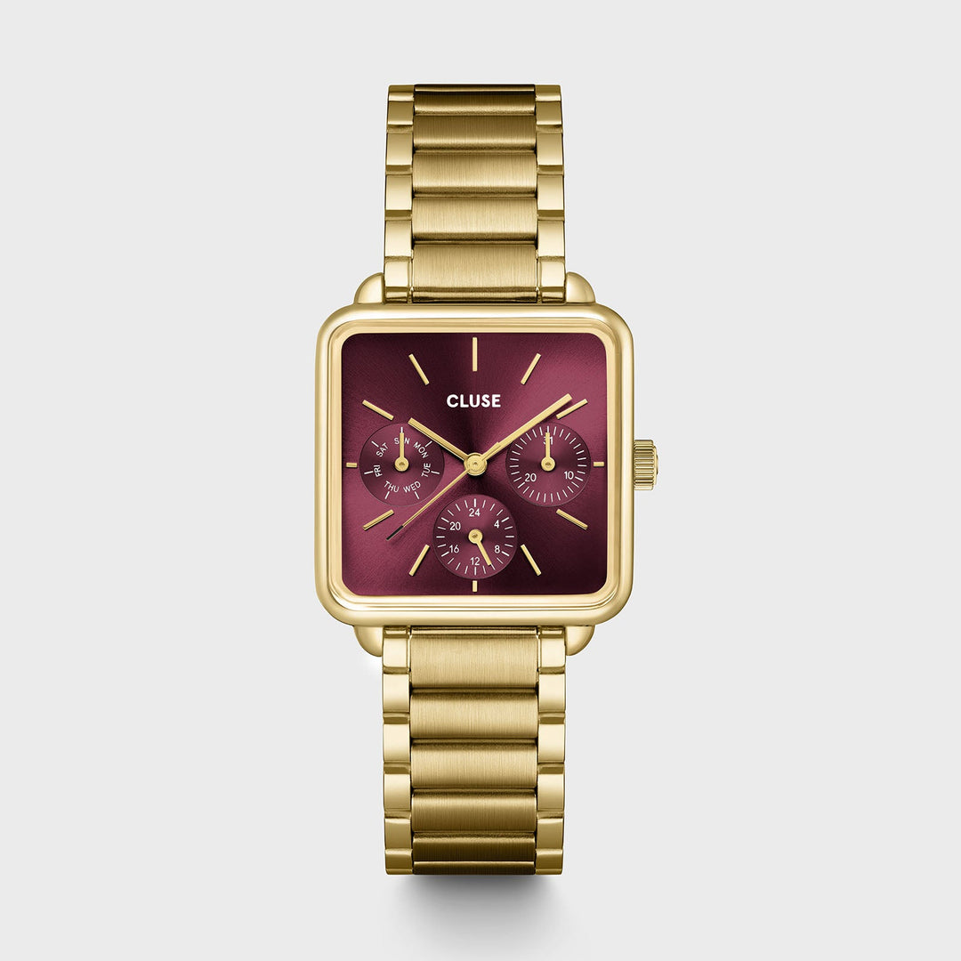 Set Regalo Donna con Orologio Quadrato Dorato e Bracciale Coordinato Rosso
