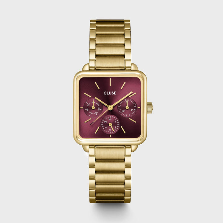 Set Regalo Donna con Orologio Quadrato Dorato e Bracciale Coordinato Rosso
