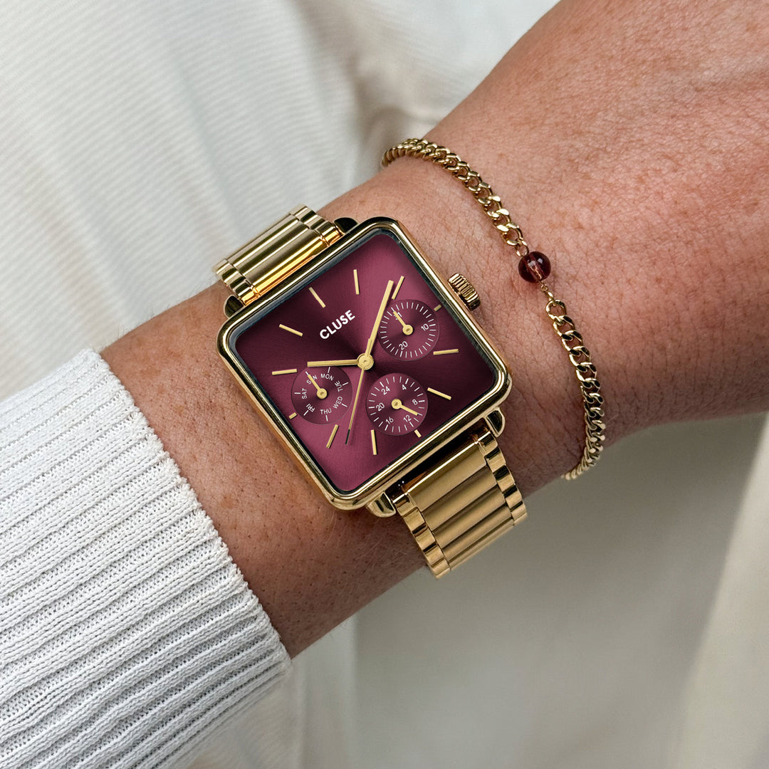 Set Regalo Donna con Orologio Quadrato Dorato e Bracciale Coordinato Rosso