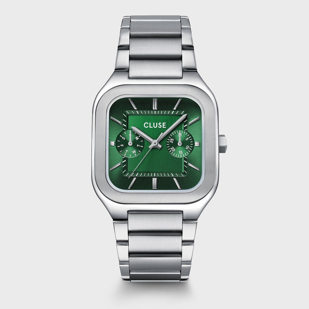 Orologio Uomo Multifunzione in Acciaio Argentato con Quadrante Verde