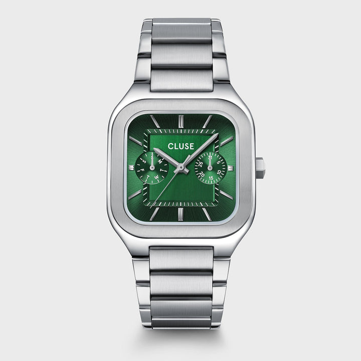 Orologio Uomo Multifunzione in Acciaio Argentato con Quadrante Verde
