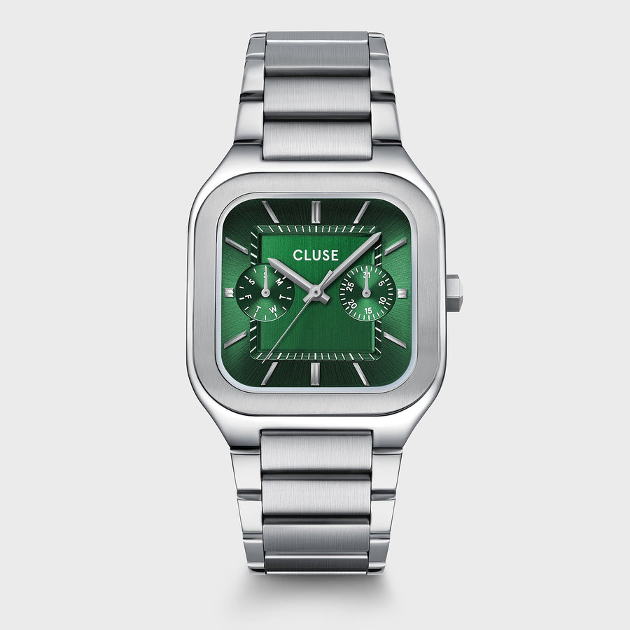 Orologio Uomo Multifunzione in Acciaio Argentato con Quadrante Verde