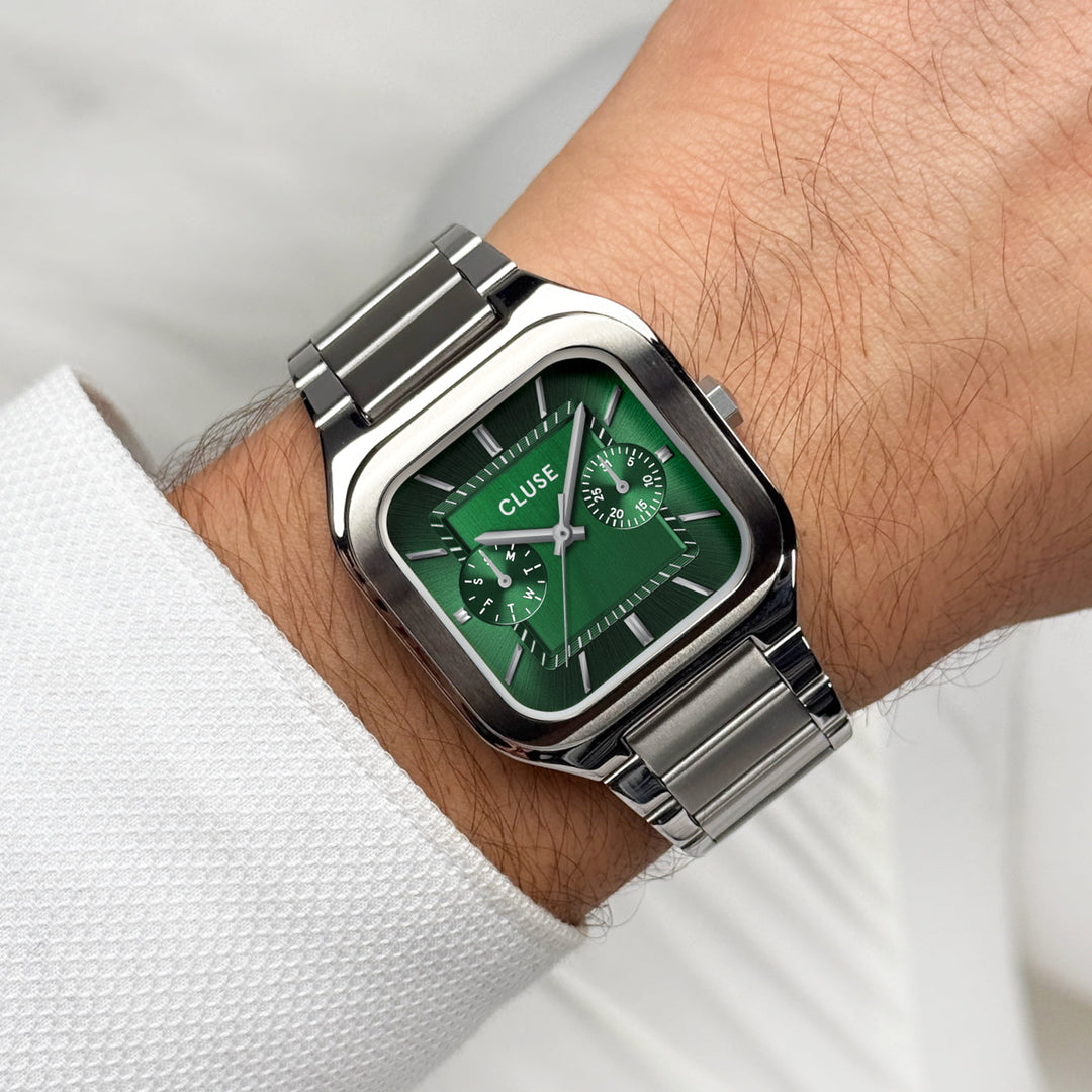 Orologio Uomo Multifunzione in Acciaio Argentato con Quadrante Verde