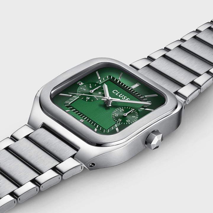 Orologio Uomo Multifunzione in Acciaio Argentato con Quadrante Verde
