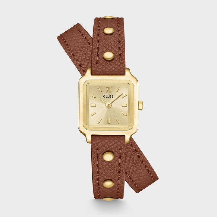 Orologio Donna Quadrato Dorato con Cinturino Doppio in Pelle Marrone e Borchie