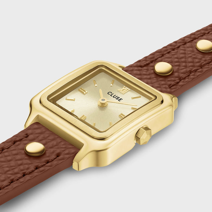Orologio Donna Quadrato Dorato con Cinturino Doppio in Pelle Marrone e Borchie