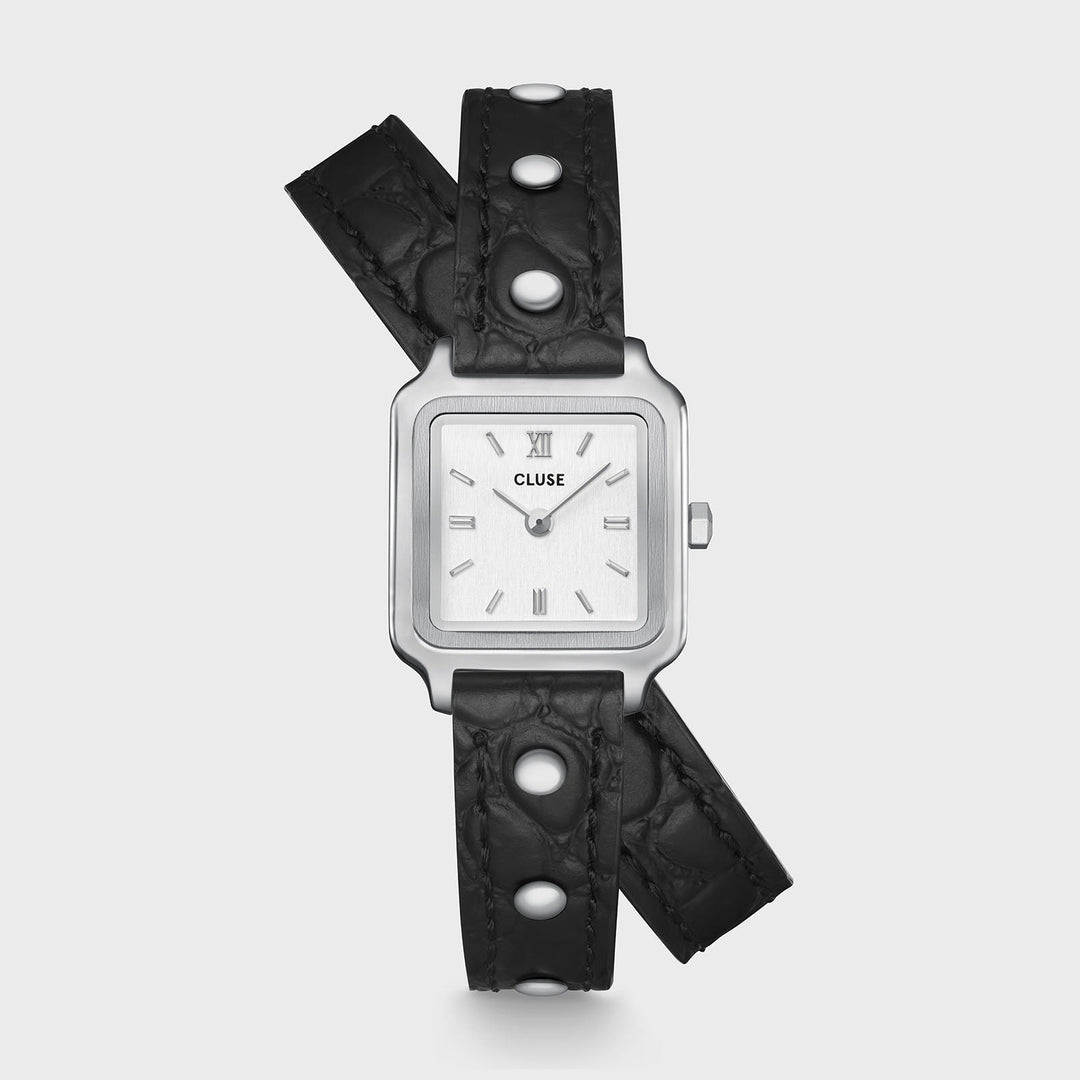Orologio Donna Quadrato Argentato con Cinturino Doppio Nero e Borchie