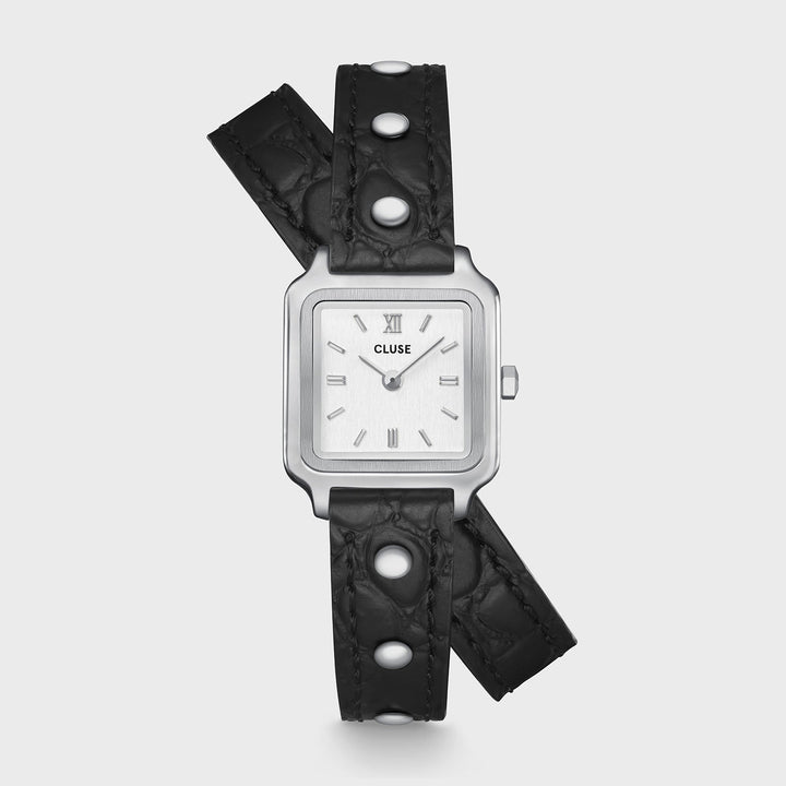 Orologio Donna Quadrato Argentato con Cinturino Doppio Nero e Borchie