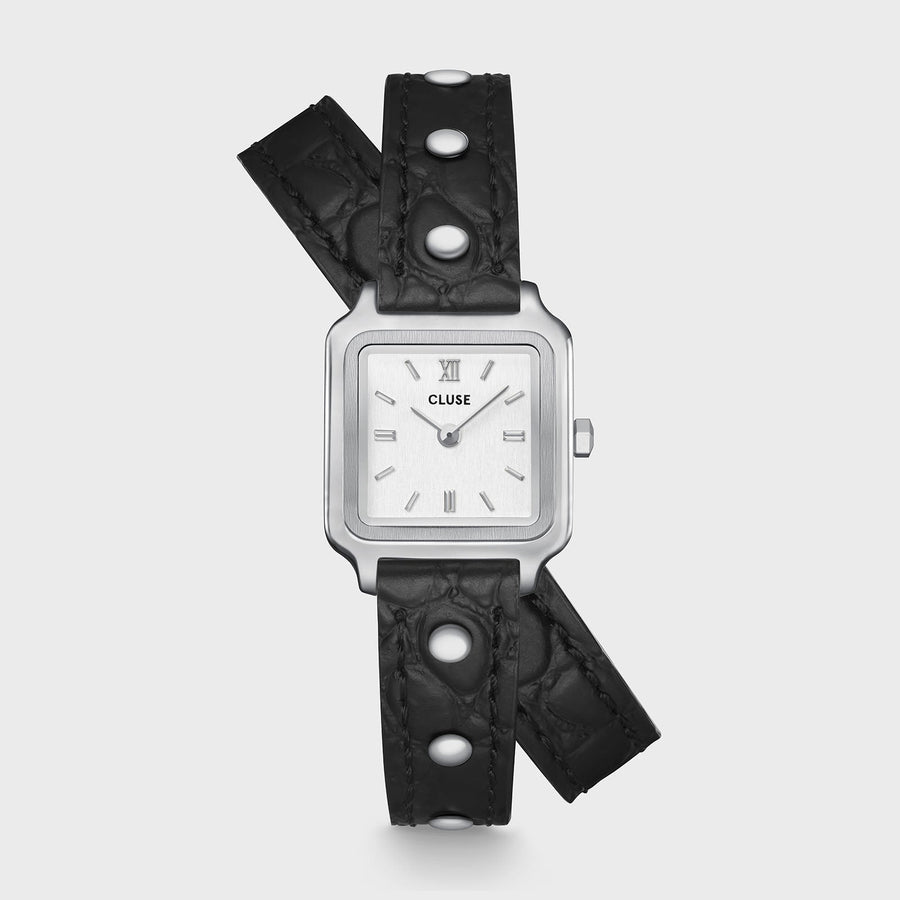 Orologio Donna Quadrato Argentato con Cinturino Doppio Nero e Borchie