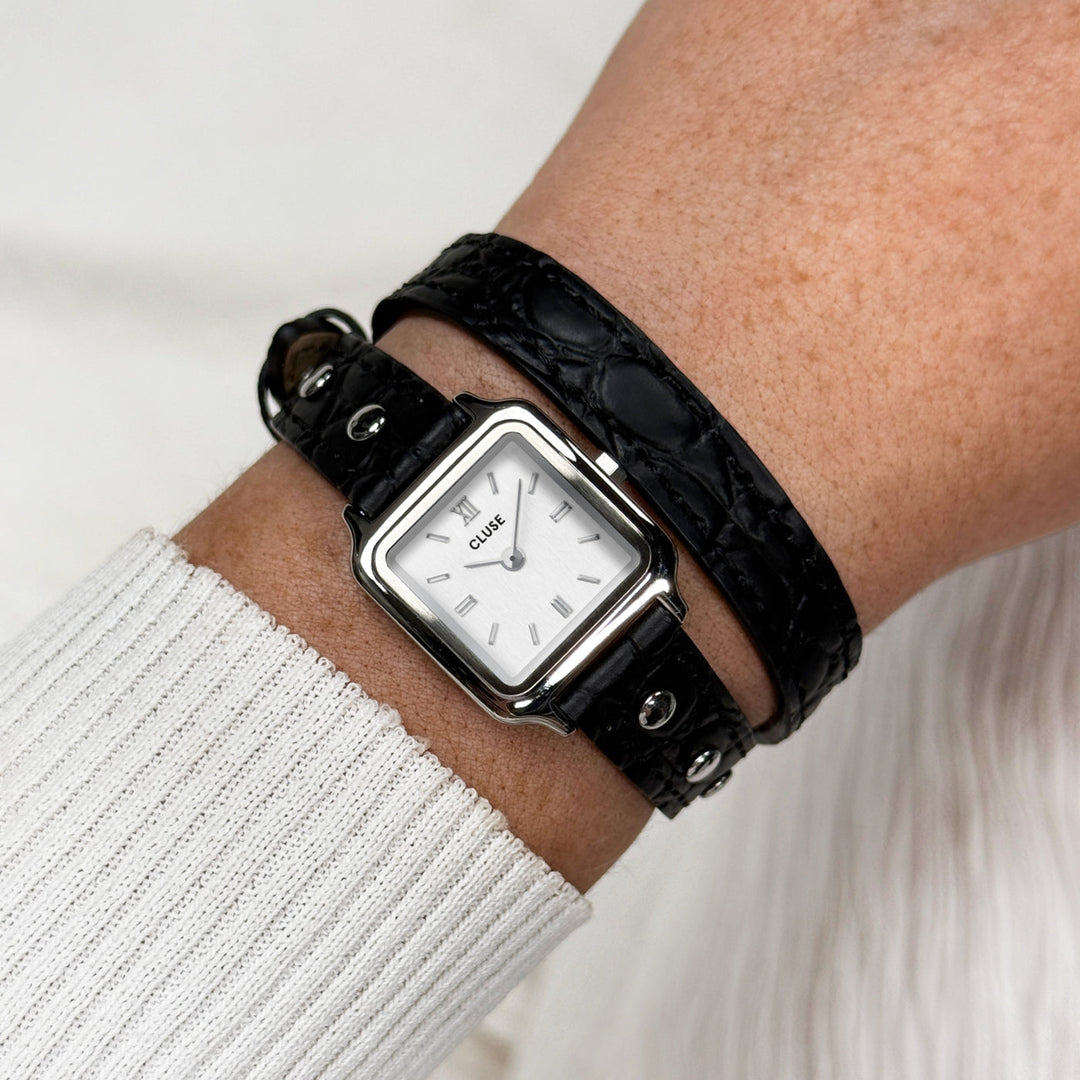 Orologio Donna Quadrato Argentato con Cinturino Doppio Nero e Borchie
