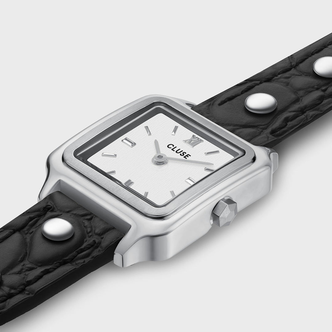 Orologio Donna Quadrato Argentato con Cinturino Doppio Nero e Borchie