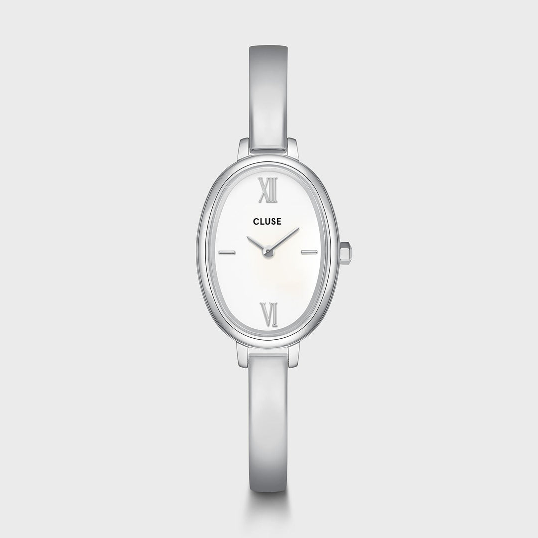 Orologio Donna Ovale in Acciaio Argentato con Quadrante Bianco e Bracciale