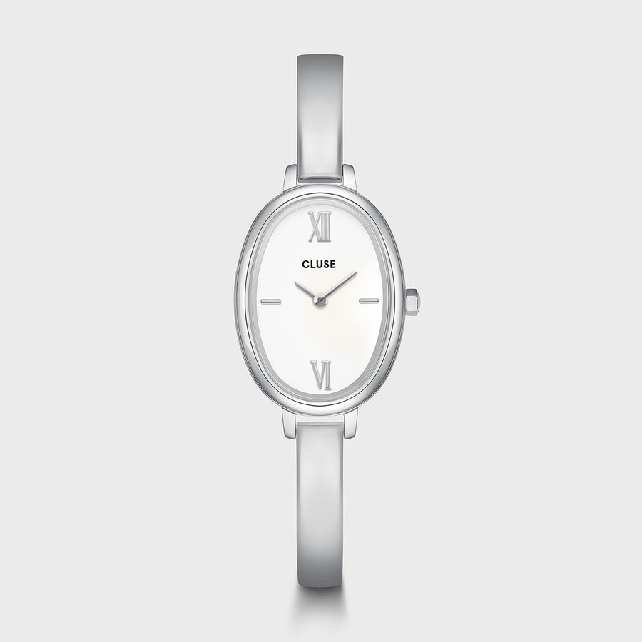 Orologio Donna Ovale in Acciaio Argentato con Quadrante Bianco e Bracciale