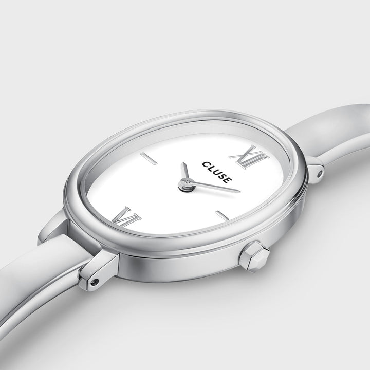 Orologio Donna Ovale in Acciaio Argentato con Quadrante Bianco e Bracciale