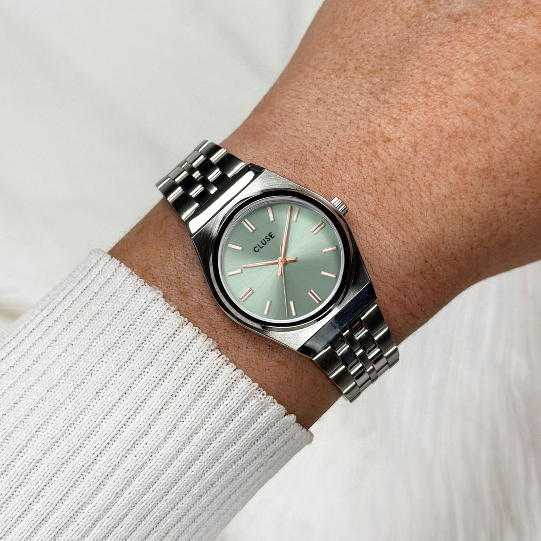 Orologio Donna Retro 70s Mini in Acciaio Argentato con Quadrante Verde Salvia