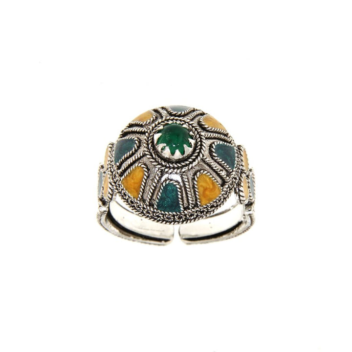 Anello a Cupola in Filigrana con Smalti e Agata Verde