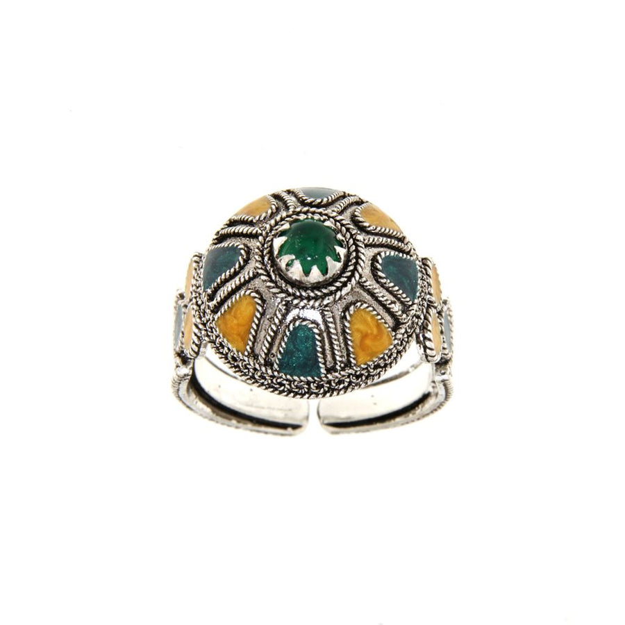 Anello a Cupola in Filigrana con Smalti e Agata Verde