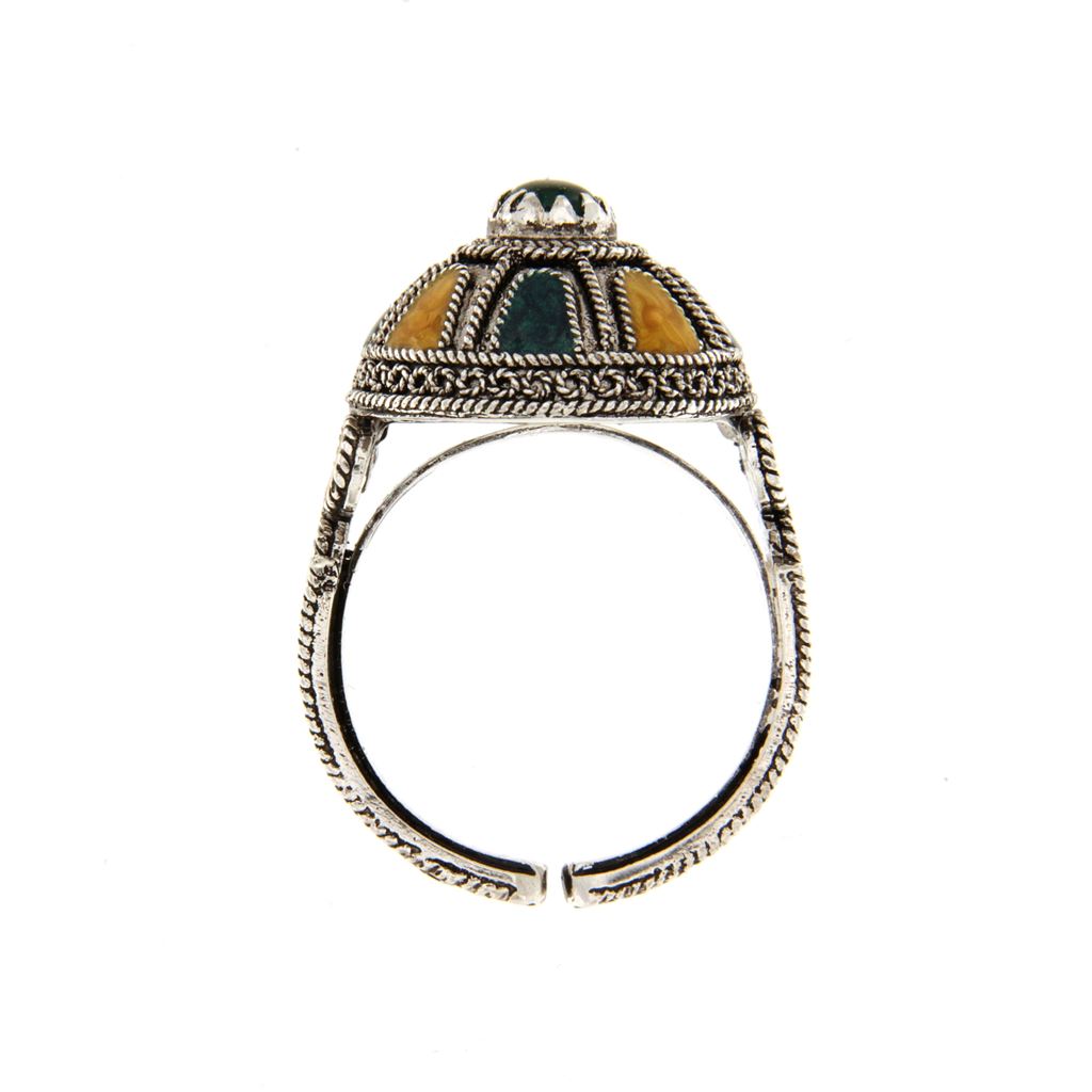 Anello a Cupola in Filigrana con Smalti e Agata Verde