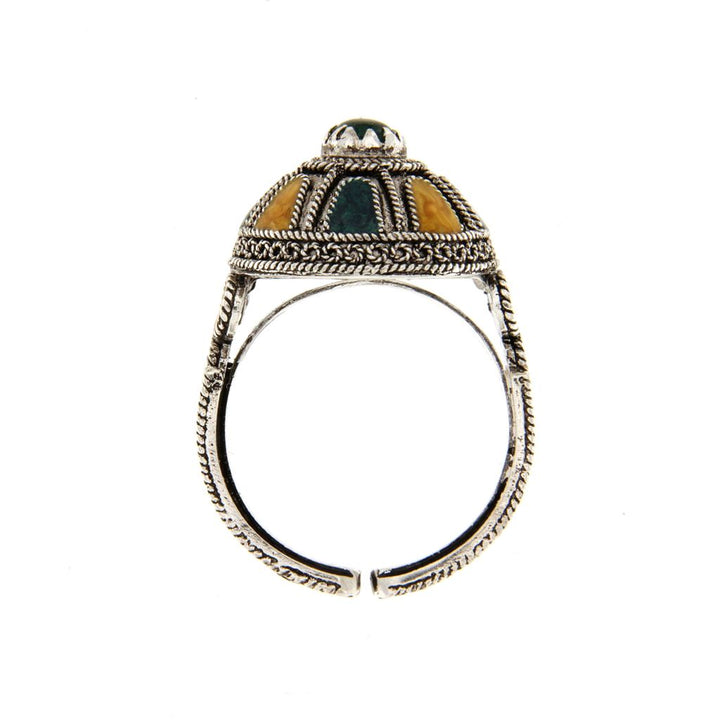 Anello a Cupola in Filigrana con Smalti e Agata Verde